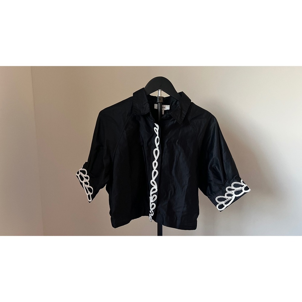 Jason Wu Womens Black Cropped Button Down Shirt White Embroidery Cotton Size M